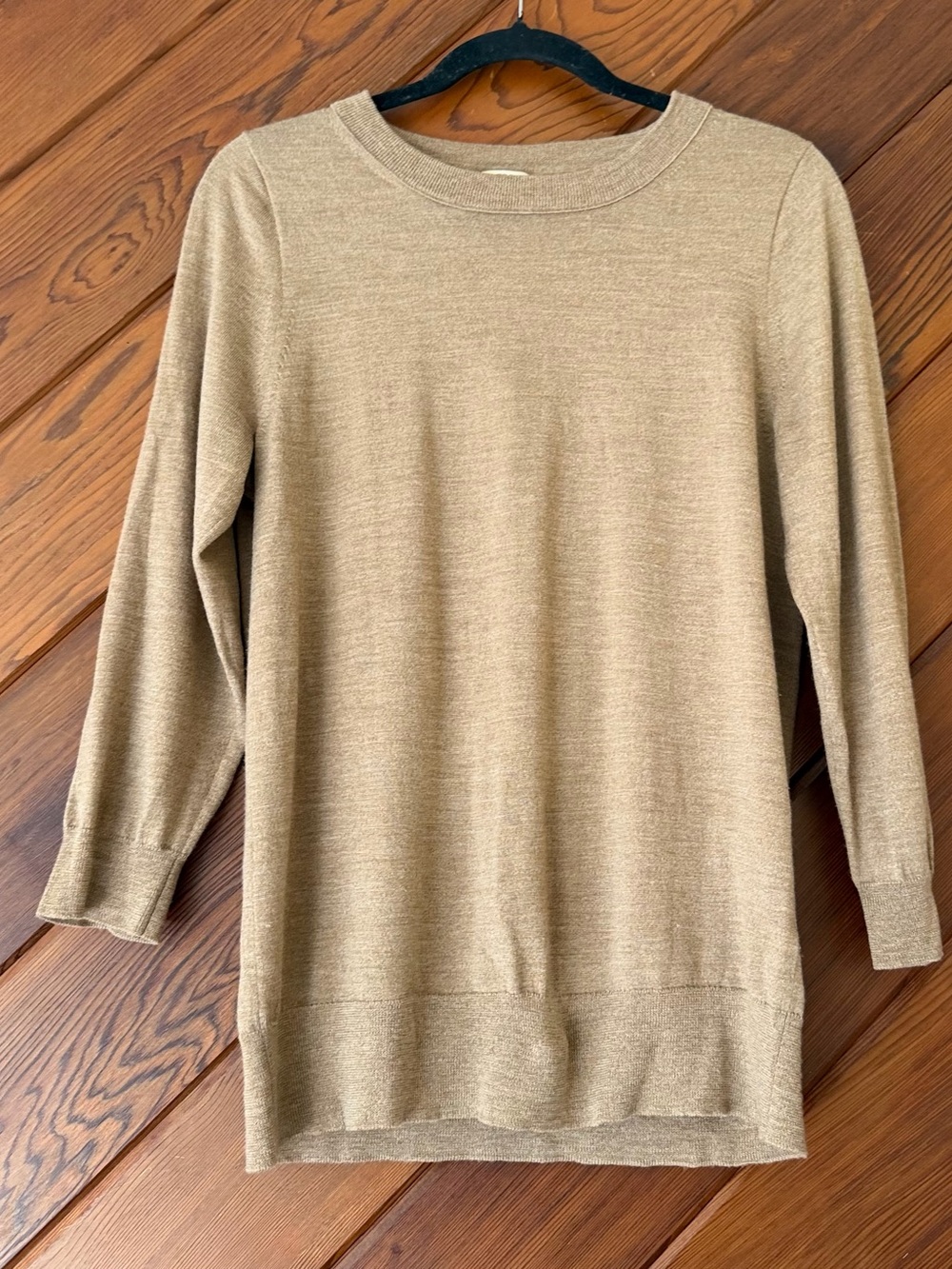 J.Crew 100% Merino Wool Longline Crewneck Sweater Women's Large Tan 3/4 Sleeve